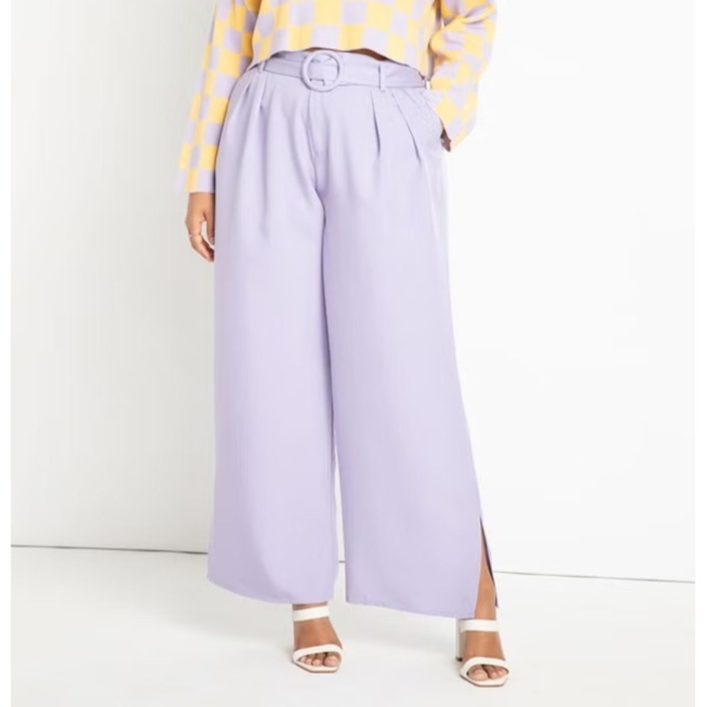 ELOQUII Women's Chic Wide Leg Belted‎ Trouser With Side Slit Lavender sz 14 NWT